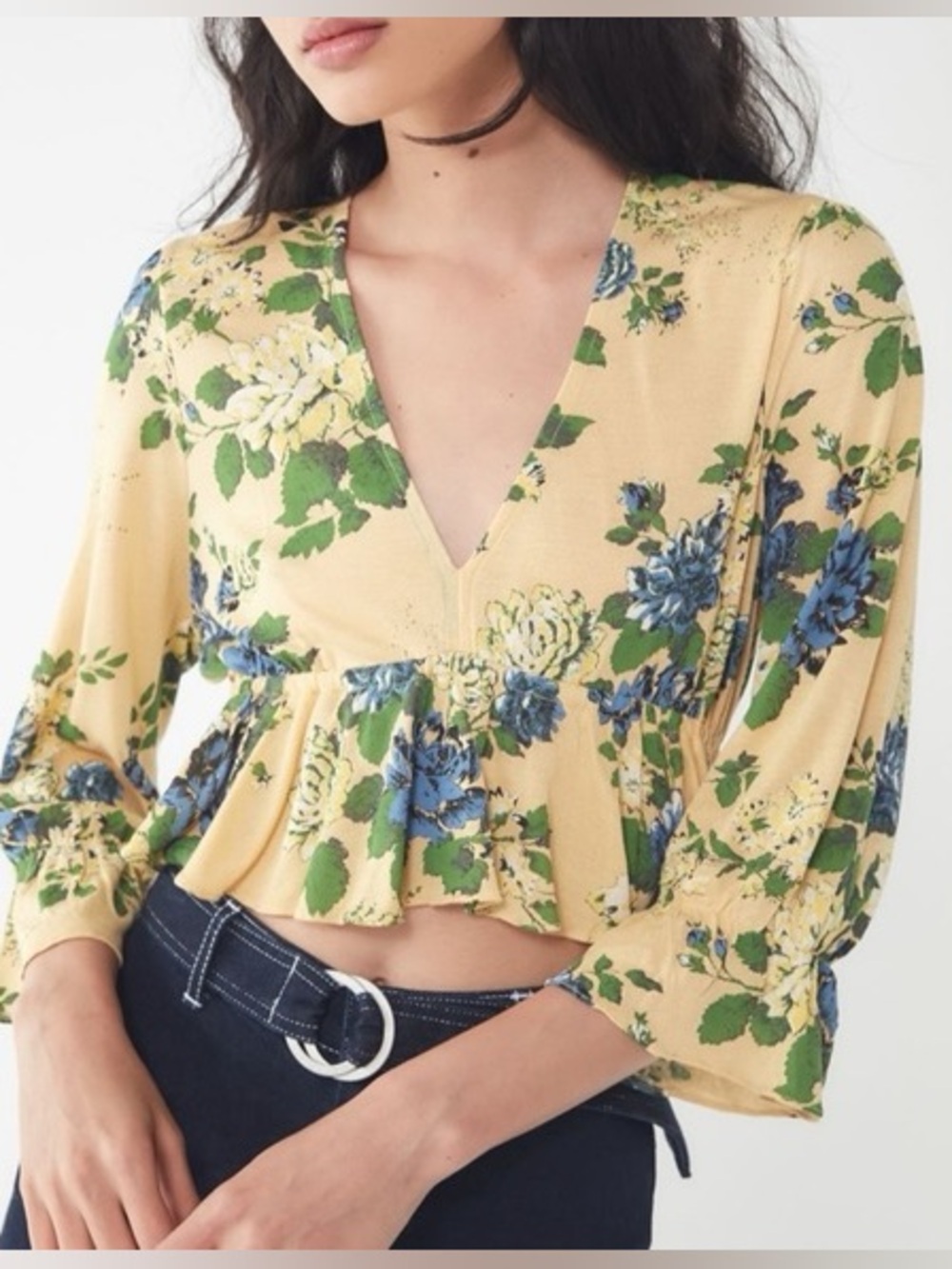 Urban Outfitters Yellow Floral Long Sleeve Cinched Waist Crop Top Peplum V-Neck
